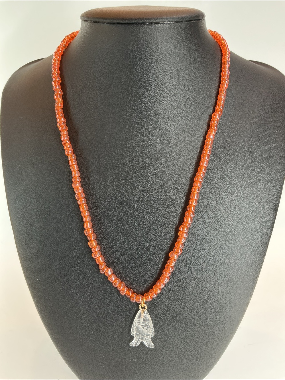 Mayamar Orange Glass Bead Necklace with Clear Fish Charm